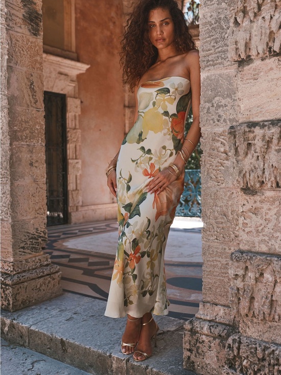 12th Tribe Dresses & Skirts - 12th Tribe Camille Floral Strapless Maxi Dress in Cream, Green and Orange